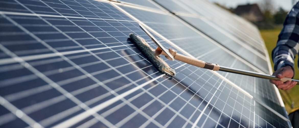 Close,Up,View,Of,Cleaning,Solar,Panels,Surface.
